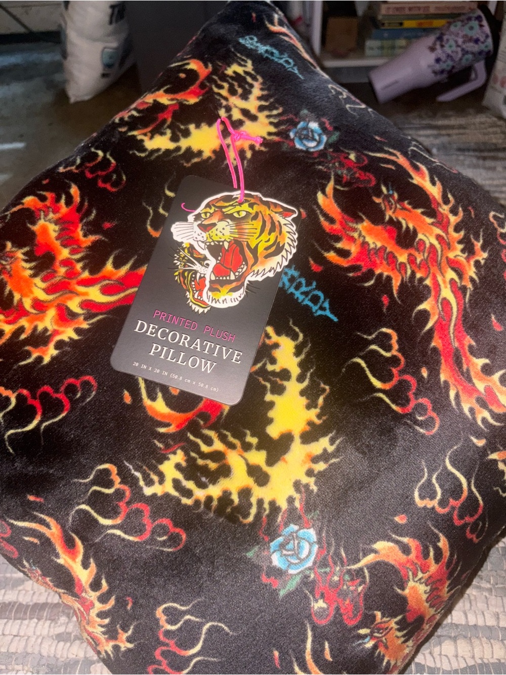2 Printed Plush Decorative Pillow - Black with Red & Yellow phoenix Flame